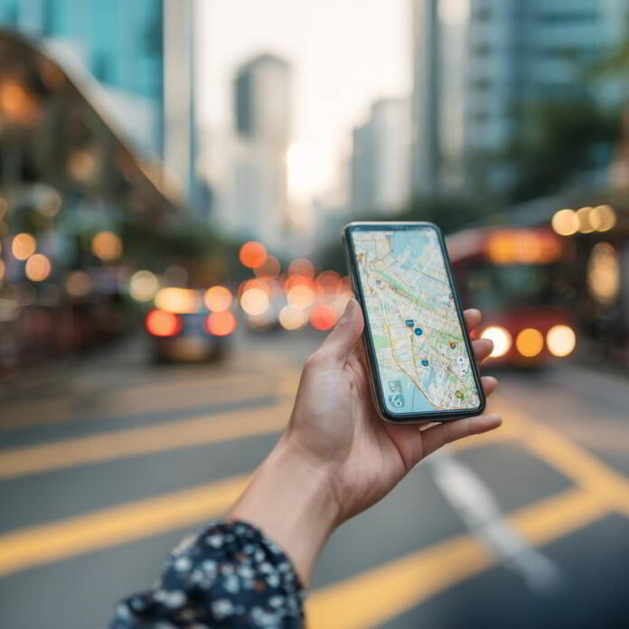 Wyszukiwanie lokalnych firm w Google Maps na smartfonie w centrum miasta Wyszukiwanie lokalnych firm w Google Maps na smartfonie w centrum miasta